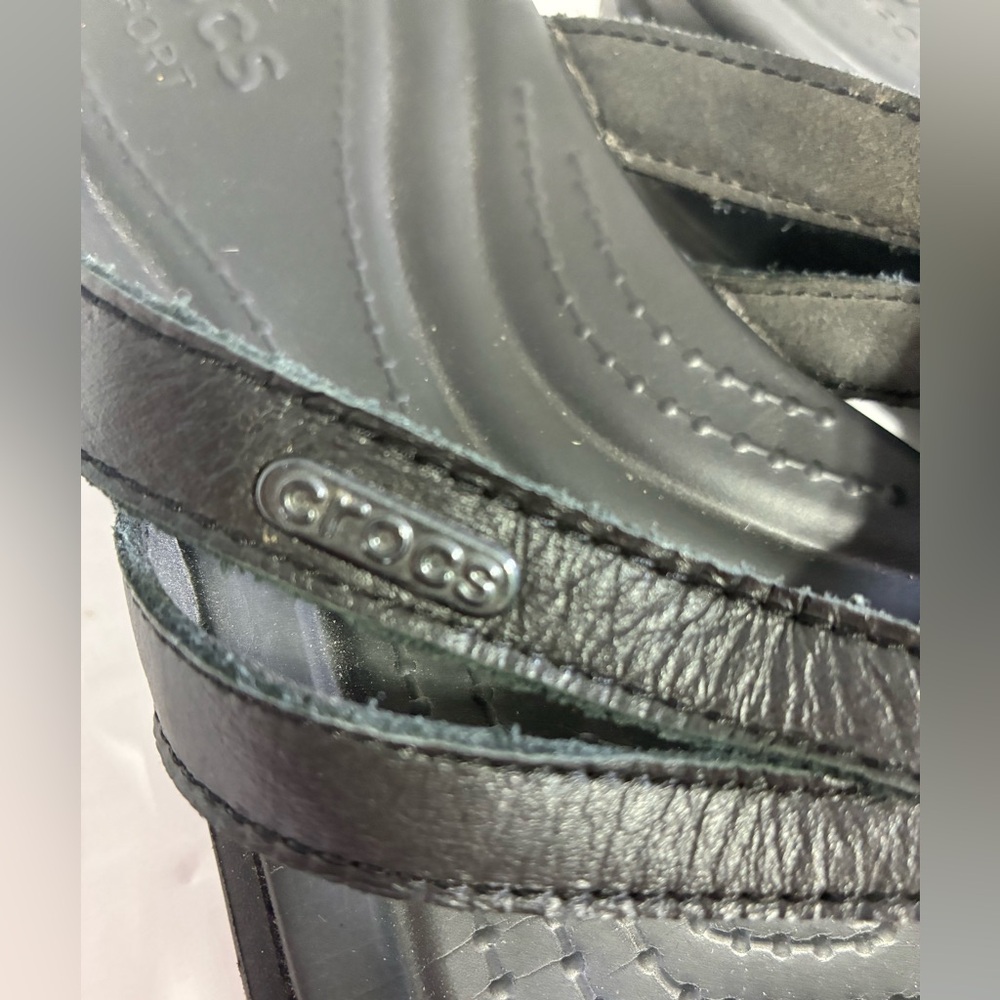 CROCS Black Leather Strap Sandals Comfortable Casual Footwear - Picture 2 of 7